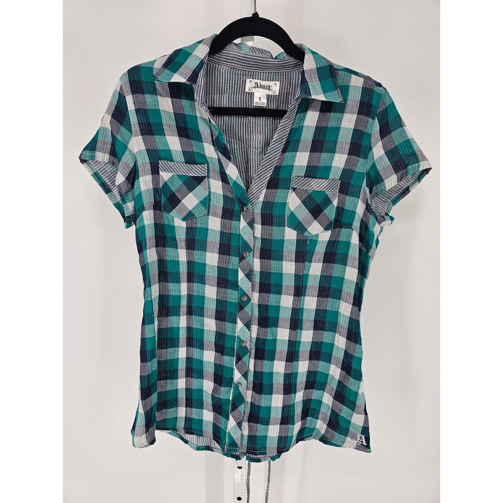 Adiktd Women's Green Black Fit Checkered Spread Plaid Collar Casual Shirt Size L
